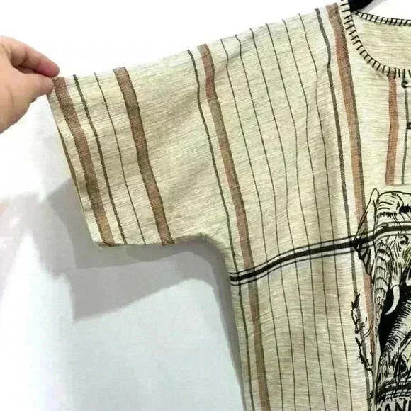African Elephant Printed Kikoy  Beige Shirt Uganda Woven Hemp Pockets L - Picture 2 of 9
